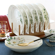 骨瓷盘子菜盘家用圆型8英寸饭盘深盘田园欧式轻奢餐具，6个套装组合