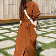 韩国chic极简主义小众，翻领领单排扣系带收腰短袖，衬衫式连衣裙女