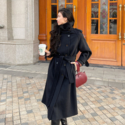「伦敦的爱」黑色中长款立领羊绒大衣女，2023保暖显瘦双面呢大衣