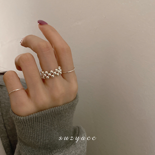 韩国米珠串珠弹力绳设计纯银戒指，女简约冷淡风小众设计感食指戒