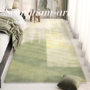 长条床边地毯绿色侘寂客厅地毯，羊羔绒卧室床前沙发，茶几毯飘窗地垫