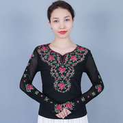 新疆舞蹈广场舞服装上衣长袖女牛奶丝民族维族舞台演出服表演