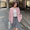 粉色棒球服外套女春秋，韩版宽松休闲小个子短款夹克上衣