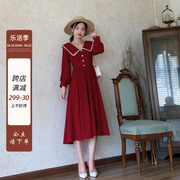 红色长袖连衣裙女秋季2024年法式复古雪纺长裙收腰显瘦气质裙