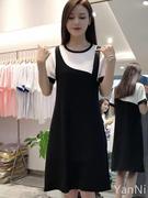法式圆领假两件雪纺，拼接连衣裙女2023夏季韩版显瘦短袖裙子潮
