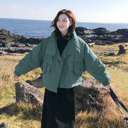 绿色短款棉服女2023棉袄，冬季加厚外套，韩版宽松小款羽绒服