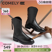 康莉商场同款短靴，女真皮加绒2023年冬季粗跟中筒靴牛皮靴子