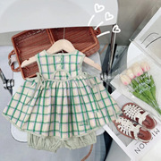 韩国女童夏日格子亲子家套装绿色，小清新色织，格纹娃娃衫背心裙短裤