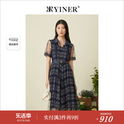 YINER音儿女装夏季收腰别致格子翻领雪纺连衣裙