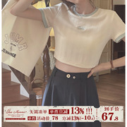 jmwomen短款印花字母短袖t恤女夏季半袖体恤，日系修身显瘦露脐上衣