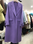 紫色长款羊毛大衣女宽松西装领长款双排扣羊绒外套