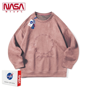 NASA春季薄麂皮绒粉色卫衣男秋款美式潮牌宽松青年长袖T恤