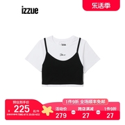 izzue女装假两件短袖T恤2023夏季个性叠层上衣1148U3K