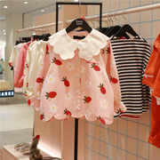 roanjane高端设计师女童纯棉草莓外套韩国24春花瓣领长袖上衣