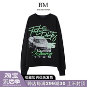 BM Fashion美式复古荧光绿汽车印花长袖T恤女bm卫衣纯棉宽松上衣