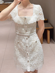 米白色水溶蕾丝性感方领短袖，收腰连衣裙女装法式复古chic短裙