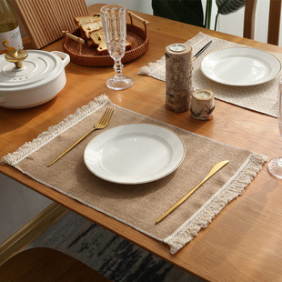 北欧风黄麻流苏餐垫餐桌垫隔热垫素色简约碗垫家用餐布盘垫杯垫子