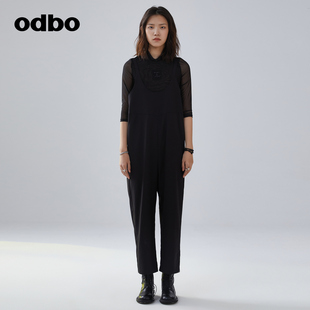 odbo/欧迪比欧原创设计高腰背带连体裤女高级感黑色显瘦气质长裤