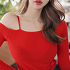 清货韩国东大门春季洋气红色性感露肩不对称吊带长袖T恤女装