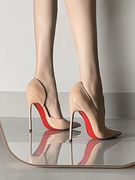 裸色侧空红底高跟鞋细跟女2024年网红小众设计感漆皮床上单鞋