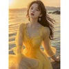 黄色雪纺连衣裙春装女2024年女海边度假仙法式遮肚子长裙子