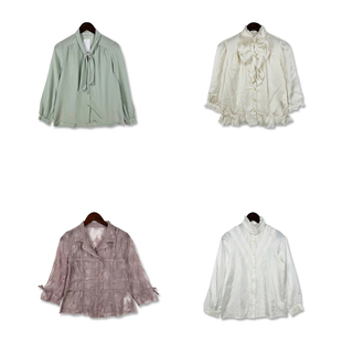 vintage古着日系薄款长短袖复古女款纯色电脑刺绣雪纺纽扣衬衫S14