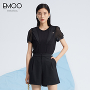 EMOO杨门气质圆领泡泡袖T恤女夏装女装网纱拼接短袖上衣