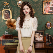 新中式钉珠刺绣雪纺衬衫女夏季设计感小众宽松显瘦轻国风上衣