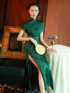改良旗袍绿色修身高开叉，长款女复古中国风，老上海日常生活装连衣裙