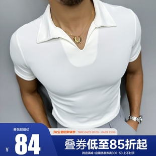 辉先生夏季男士polo衫休闲修身针织t恤弹力v领纯色透气短袖