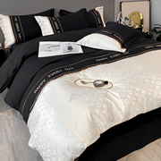 轻奢水洗棉四件套黑色床单被套冬季高级感刺绣床上加厚磨毛被罩2m