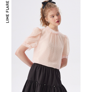 莱茵2023夏季肌理感粉色蕾丝衫上衣商场同款雪纺衬衫甜美气质