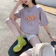 女士创意时尚短袖T纯棉印花抽象车厘子杏色短袖文艺范品质纯棉T恤