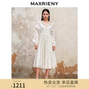 maxrieny宫廷复古感蕾丝，连衣裙2023秋装，精致浪漫感公主小白裙