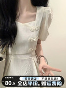 新中式女装白色连衣裙子夏季法式方领收腰，长裙初恋清纯奶甜小个子