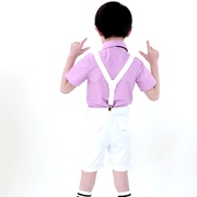 高档儿童花童礼服男童粉红衬衫白色背带短裤主持钢琴合唱表演
