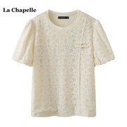拉夏贝尔/La Chapelle夏款新中式蕾丝泡泡袖上衣女小香风短袖T恤