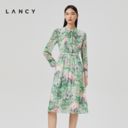 lancy朗姿夏季法式真丝印花长袖衬衫连衣裙，女气质中长款裙子