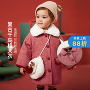 啊咪啦女童羊毛呢子大衣冬款儿童加厚上衣宝宝圣诞节保暖格子外套