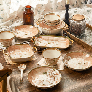 日式碗碟套装家用碗盘餐具，套装礼盒碗具山茶花，乔迁之喜新居盘子碗