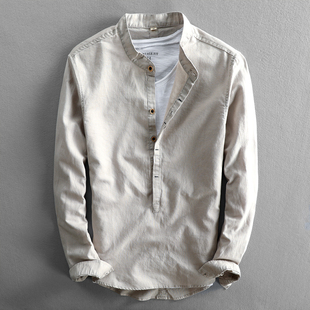 半开衫休闲亚麻长袖衬衫，简约宽松纯色，立领套头男士棉麻料衬衣