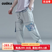 GUUKA潮牌灰色直筒裤男薄款 学生嘻哈logo印花运动工装九分裤宽松