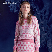vjcolivia2023秋冬粉色，针织毛衣撞色爱心，提花短款毛衫修身上衣