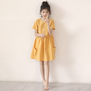 夏季短袖连衣裙童装女孩娃娃裙子2022麻料女童公主裙时尚韩版