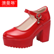 红色婚鞋旗袍模特t台演出专用走秀高跟鞋防滑粗跟厚底小码单鞋女