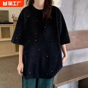 夏季纯棉暗闪亮片短袖t恤女宽松显瘦满天星高级感情侣上衣服