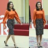 高端定制西班牙王后同款橘色真丝缎衬衫+黑色蕾丝半裙时尚OL套装