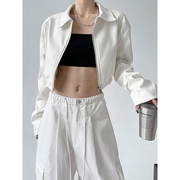 白色短款pu皮衣外套，女夹克2024春装，港风设计感美式复古