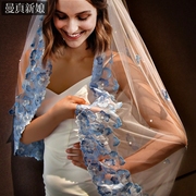 曼真主婚纱原创设计短款蓝色，蕾丝花边花朵刺绣1米新娘短头纱m42