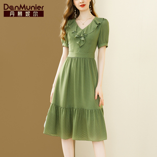 丹慕妮尔绿色法式v领雪纺连衣裙女夏气质收腰小波点裙子